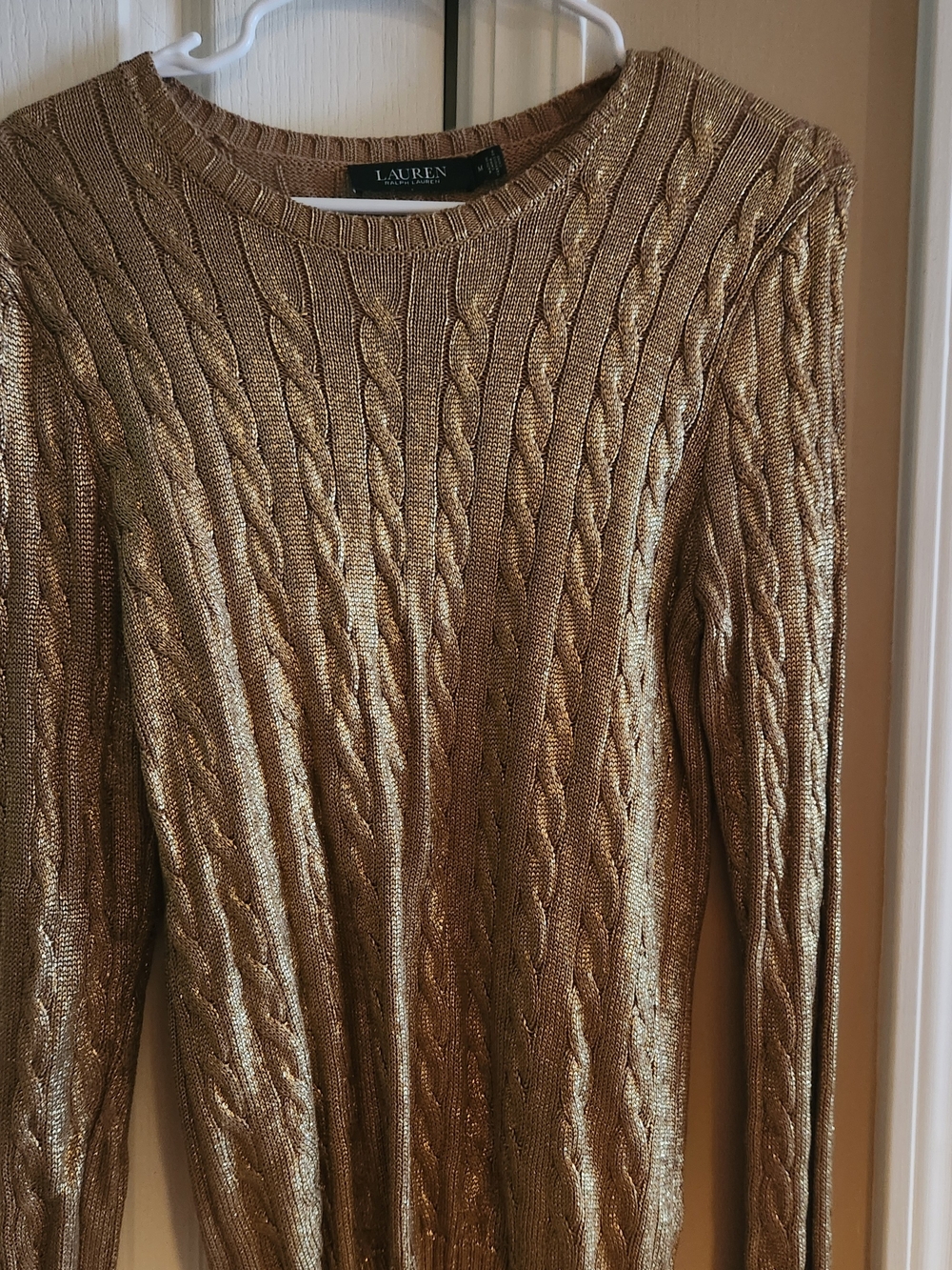 Ralph Lauren Metallic Cable-Knit Crew Sweater in Gold